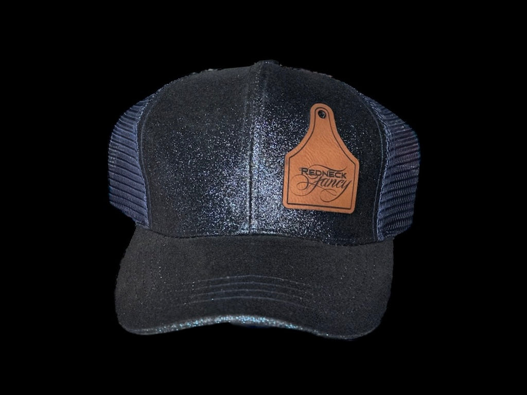 Sparkly Ponytail Hat with Redneck Fancy Cow Tag Patch