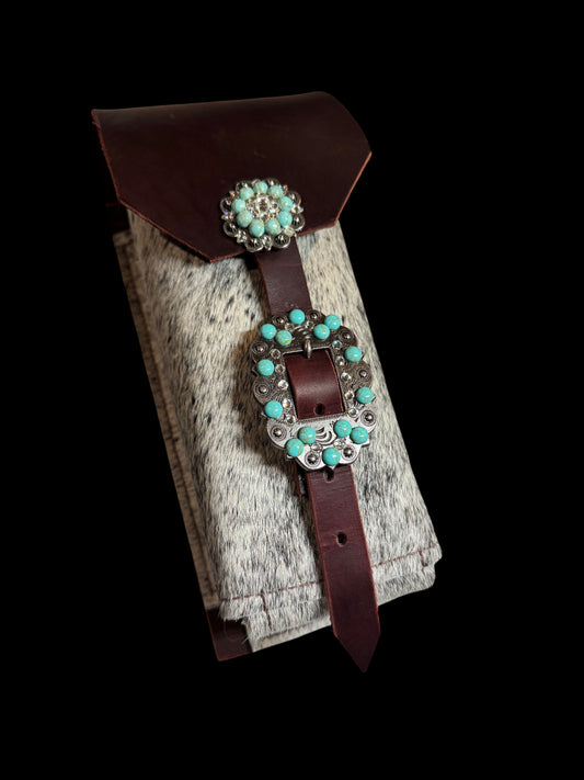 Cowhide Bottle Holder Lg Turquoise Bling