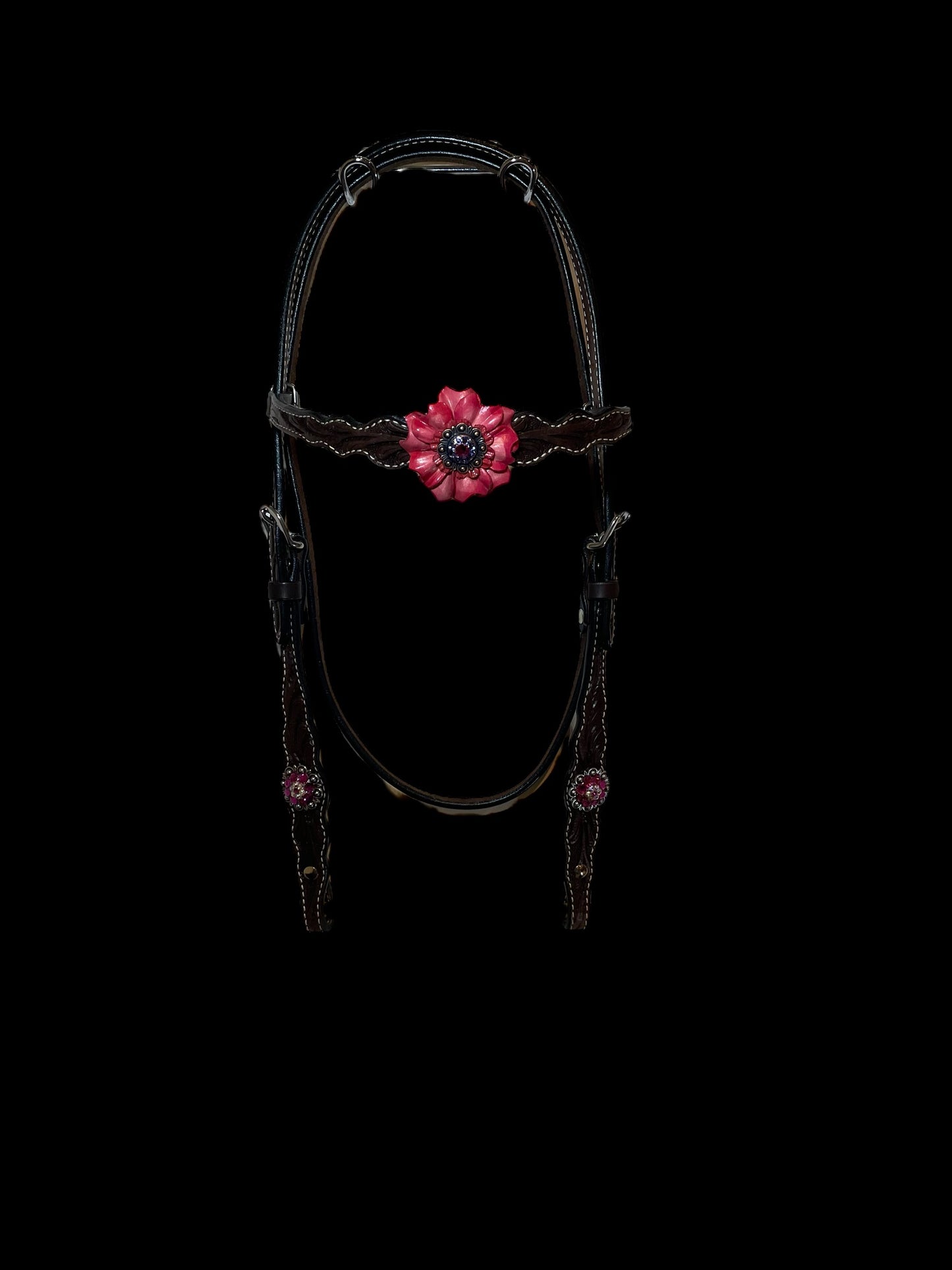 Dark Oil Tooled Headstall with Pink Conchos