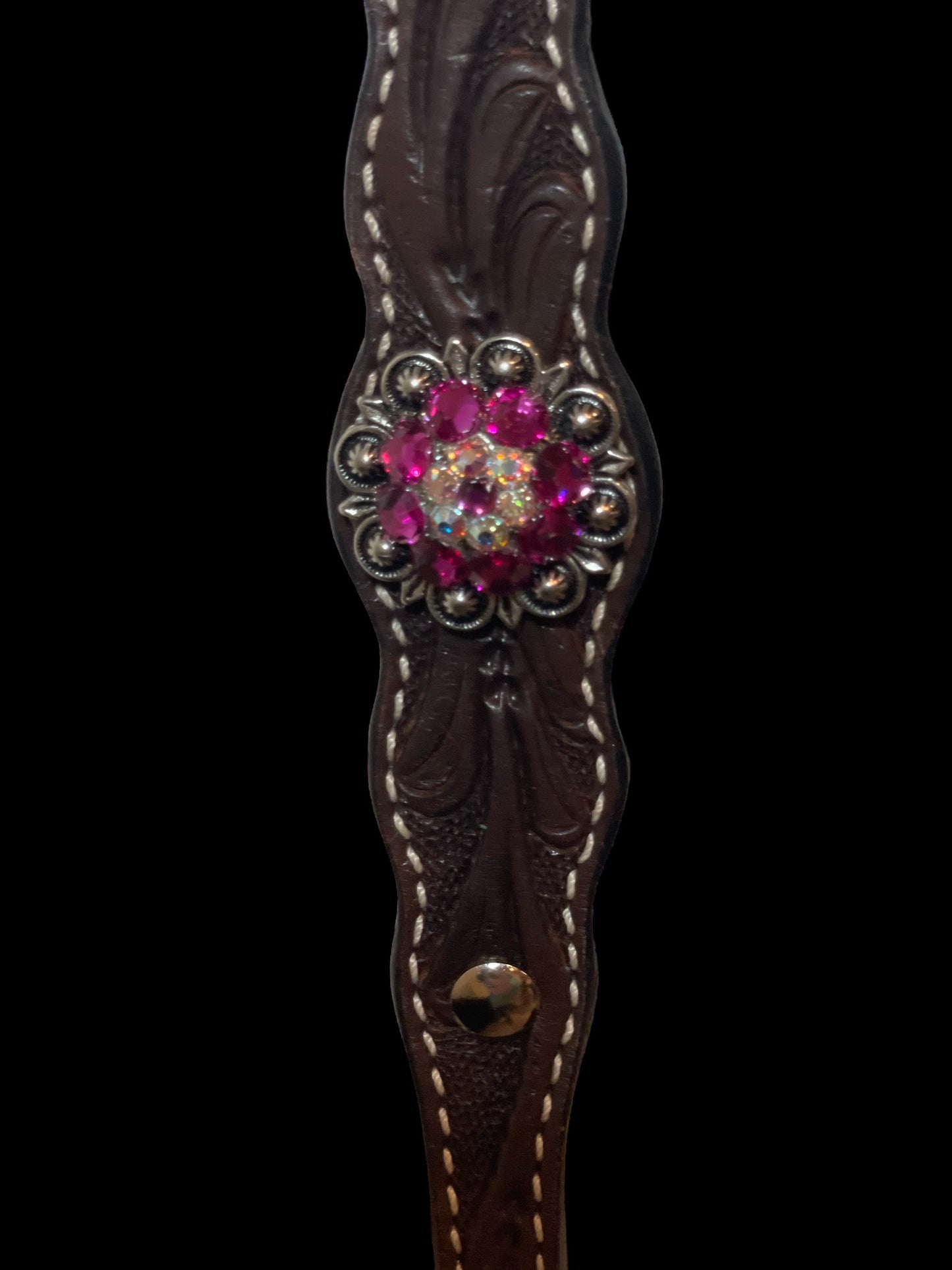 Dark Oil Tooled Headstall with Pink Conchos